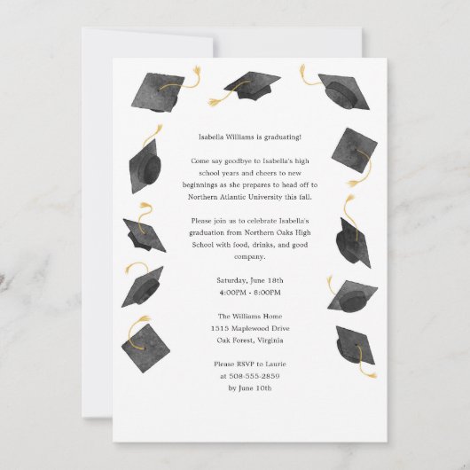 Watercolor Graduation Caps Grad Party Invitation 案内状 (正面)