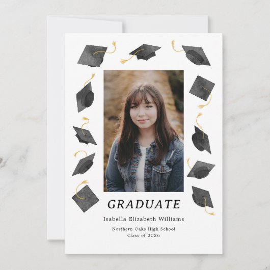 Watercolor Graduation Caps Grad Party Invitation 案内状 (正面)