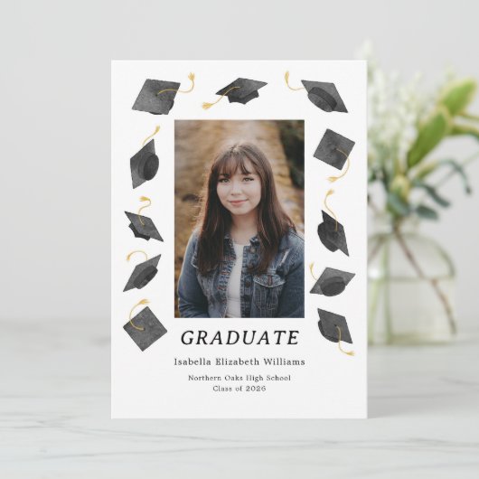 Watercolor Graduation Caps Grad Party Invitation 案内状 (スタンド正面)