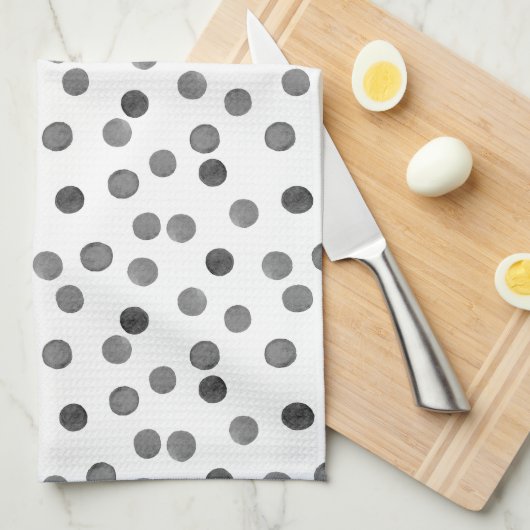Watercolor  gray black and whit polka dot pattern キッチンタオル (四つ折り)