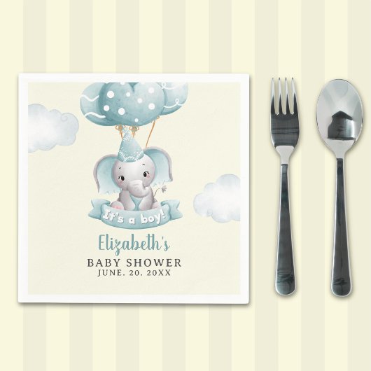 Watercolor Gray Elephant Baby shower Boy スタンダードカクテルナプキン