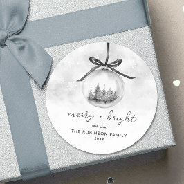 Watercolor Gray Ornament Christmas Merry Bright ラウンドシール