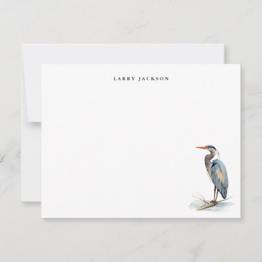 Watercolor Great Blue Heron Bird Personalized Flat ノートカード (正面)