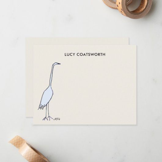 Watercolor Great Blue Heron Monogram Birdwatcher ノートカード (正面/裏面インサイチュ)