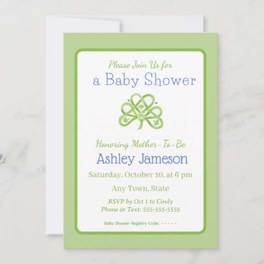 Watercolor Green Celtic Shamrock Baby Shower 招待状 (正面)