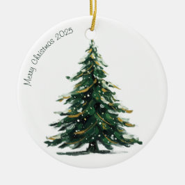 Watercolor Green Christmas Tree Winter Holiday セラミックオーナメント