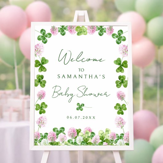 Watercolor Green Clovers Baby Shower Welcome Sign ポスター