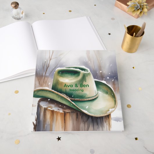 Watercolor Green Cowboy Hat in Snow Wedding ゲストブック (正面見開き)