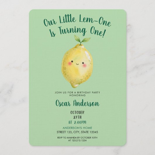 Watercolor Green Cute Lemon First Birthday 招待状 (正面)
