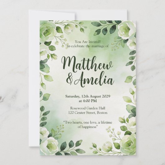 Watercolor Green Floral Wedding Invitation 招待状 (正面)