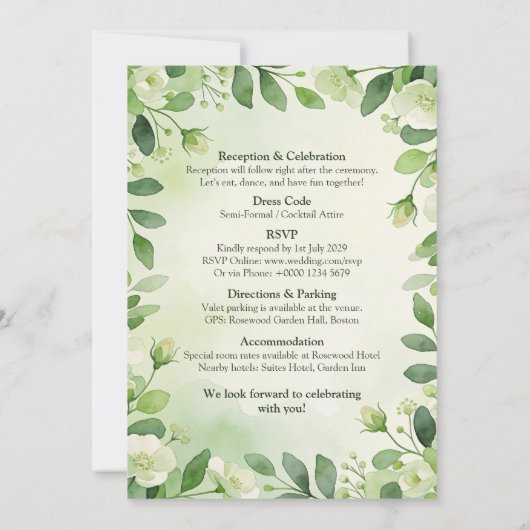 Watercolor Green Floral Wedding Invitation 招待状 (裏面)