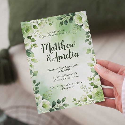 Watercolor Green Floral Wedding Invitation 招待状