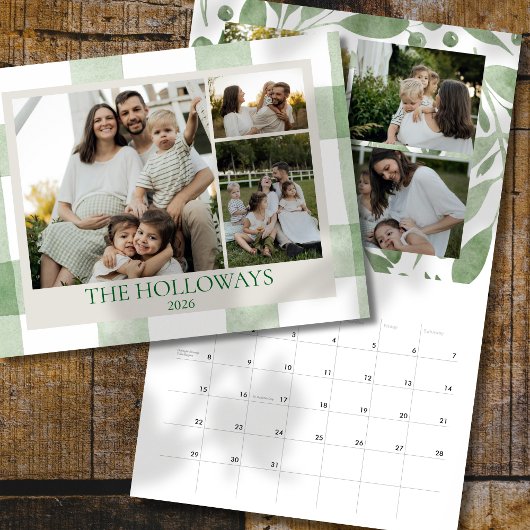 Watercolor Green Gingham Family Photo Calendar カレンダー
