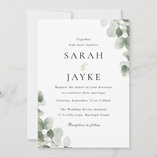 Watercolor Green Leaf Elegance Wedding 招待状 (正面)