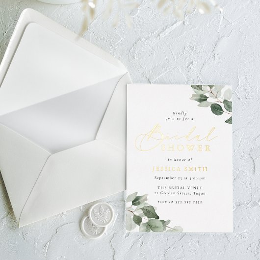 Watercolor Green Leaves Bridal Shower Gold 箔招待状