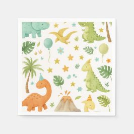 Watercolor Green Orange Dinosaur Pattern Napkin スタンダードカクテルナプキン