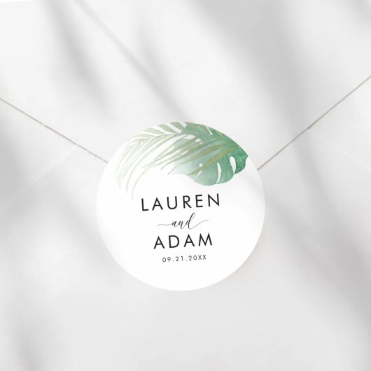 Watercolor Green Palm Leaf Wedding Favor  ラウンドシール