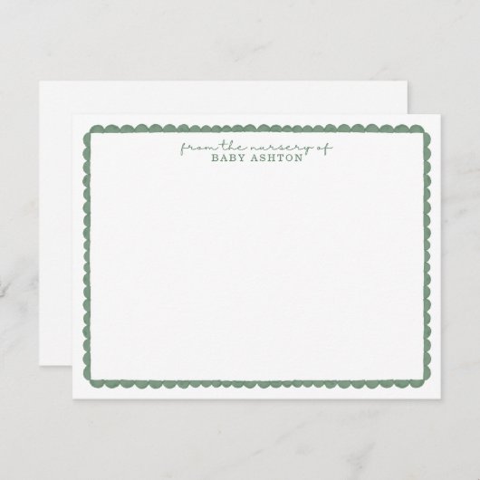 Watercolor Green Scalloped Nursery Note Card 案内状 (正面/裏面)