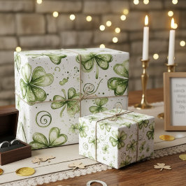 Watercolor Green Shamrocks Three Leaf Clovers ラッピングペーパー