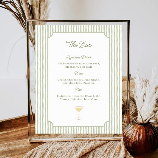 Watercolor Green Stripes Wedding Shower Bar Menu ポスター