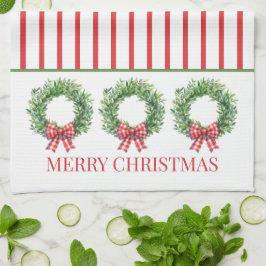 Watercolor Green Wreath With Red Gingham Bow キッチンタオル