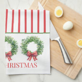 Watercolor Green Wreath With Red Gingham Bow キッチンタオル (四つ折り)