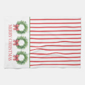 Watercolor Green Wreath With Red Gingham Bow キッチンタオル (横)