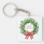 Watercolor Green Wreath With Red Gingham Bow キーホルダー (正面)