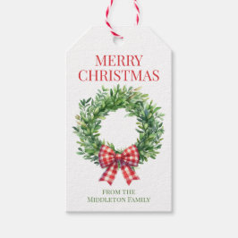 Watercolor Green Wreath With Red Gingham Bow ギフトタグ