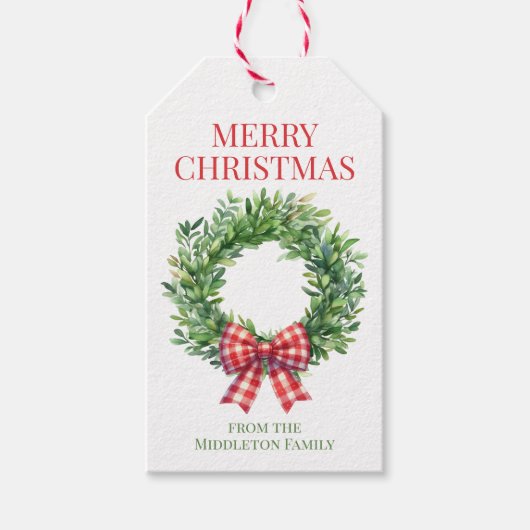 Watercolor Green Wreath With Red Gingham Bow ギフトタグ (正面)