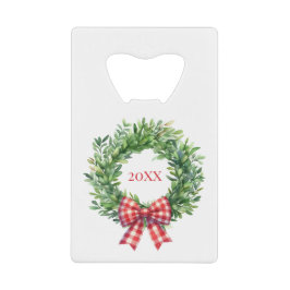 Watercolor Green Wreath With Red Gingham Bow クレジットカード栓抜き