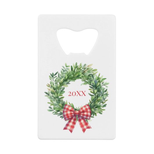 Watercolor Green Wreath With Red Gingham Bow クレジットカード栓抜き (正面)