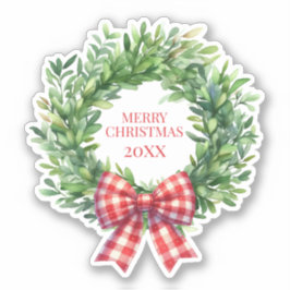 Watercolor Green Wreath With Red Gingham Bow シール