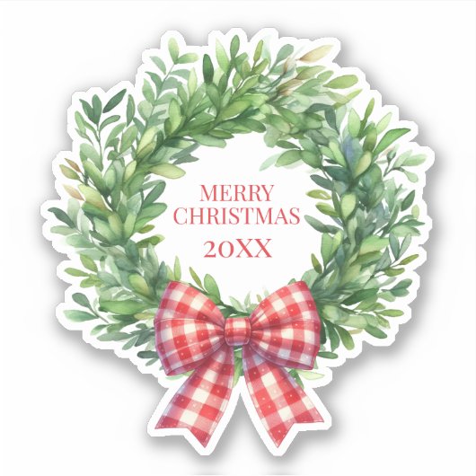 Watercolor Green Wreath With Red Gingham Bow シール (正面)