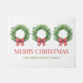 Watercolor Green Wreath With Red Gingham Bow ドアマット (正面)