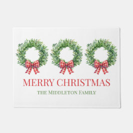 Watercolor Green Wreath With Red Gingham Bow ドアマット