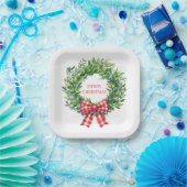 Watercolor Green Wreath With Red Gingham Bow ペーパープレート (パーティー)