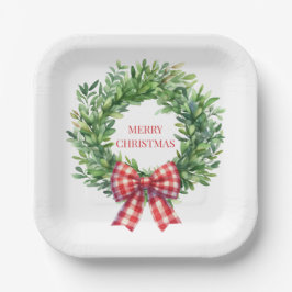 Watercolor Green Wreath With Red Gingham Bow ペーパープレート
