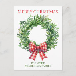 Watercolor Green Wreath With Red Gingham Bow ポストカード