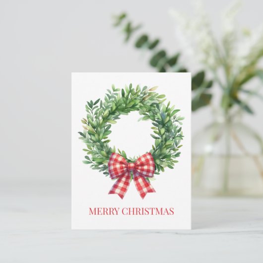 Watercolor Green Wreath With Red Gingham Bow ポストカード (スタンド正面)