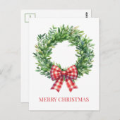 Watercolor Green Wreath With Red Gingham Bow ポストカード (正面/裏面)