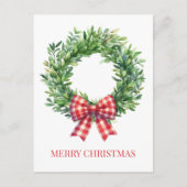 Watercolor Green Wreath With Red Gingham Bow ポストカード (正面)