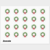 Watercolor Green Wreath With Red Gingham Bow ラウンドシール (シート)