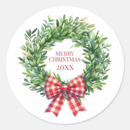 Watercolor Green Wreath With Red Gingham Bow ラウンドシール (正面)