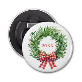 Watercolor Green Wreath With Red Gingham Bow 栓抜き