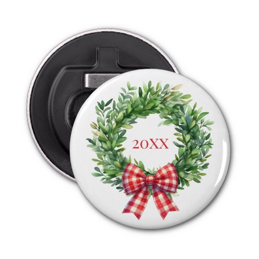 Watercolor Green Wreath With Red Gingham Bow 栓抜き (正面)