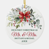 Watercolor Greenery Berries Christmas Red Bow セラミックオーナメント (正面)