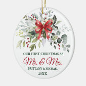 Watercolor Greenery Berries Christmas Red Bow セラミックオーナメント (左)