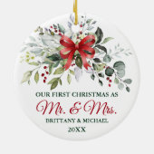 Watercolor Greenery Berries Christmas Red Bow セラミックオーナメント (裏面)