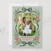 Watercolor Greenery Bow Merry Christmas Photo シーズンカード (正面)